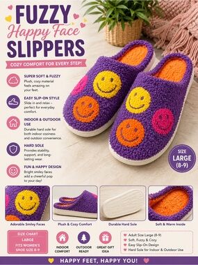 Fuzzy Happy Face Slip-On Slippers - Purple